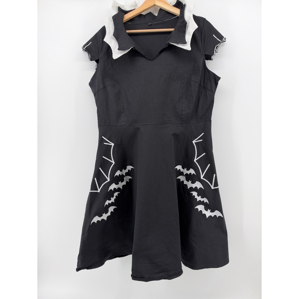 Gothic Bat Embroidered Fit & Flare Dress Black White Scallop Collar XXXL